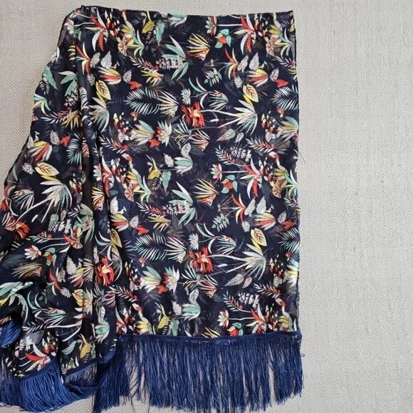 Soul Young Navy Blue Floral Fringed Shawl Cover Up Duster Bohemian Rocker EUC - Picture 9 of 11